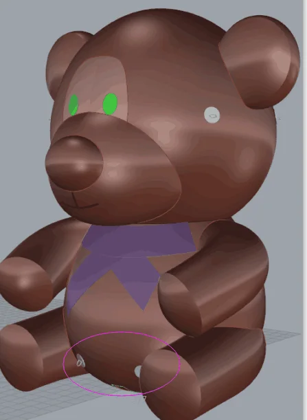 3D model of the bear in Rhino, front three-quarter view, showing the proportions of head, muzzle, ears and bow
