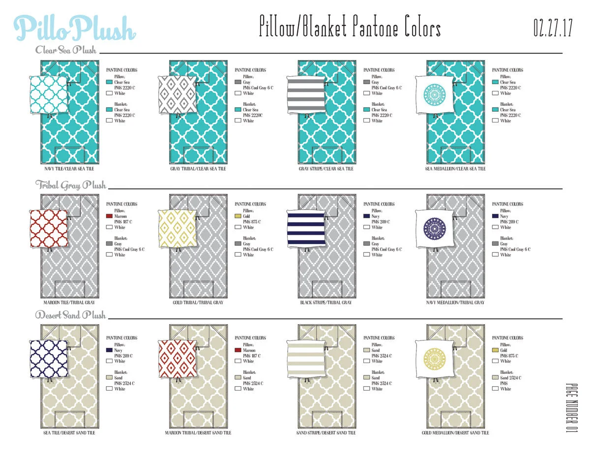 A Pantone development sheet showing the colourways and prints for the range