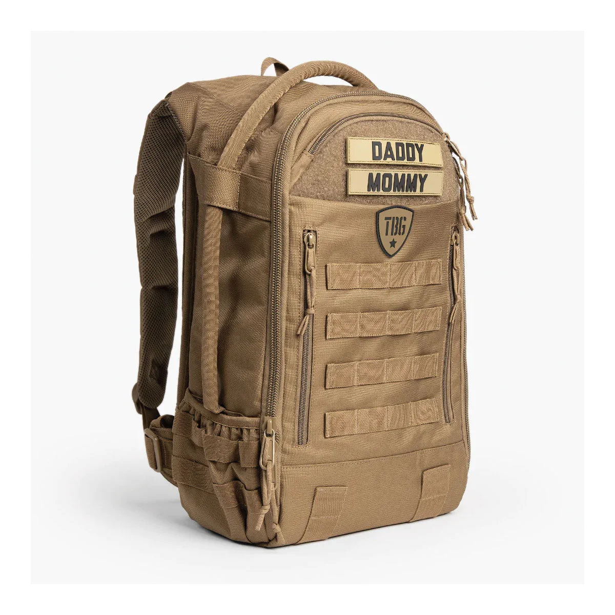 A tan military-style diaper backpack with MOLLE webbing and morale patches