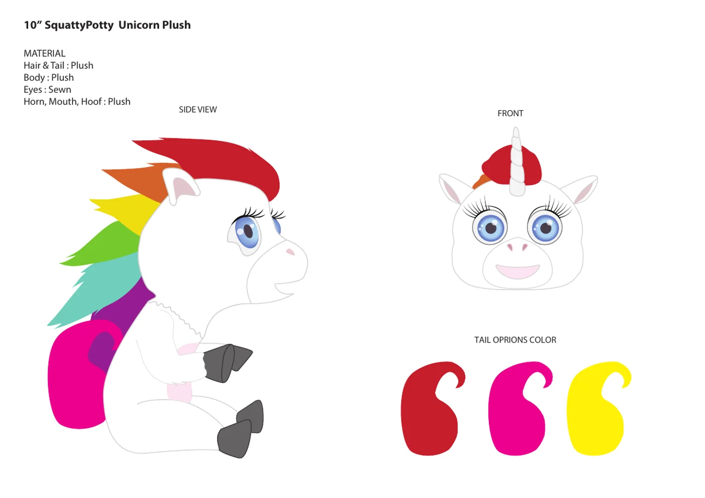 Spec sheet: side and front views of a 10-inch unicorn plush with a rainbow mane, materials list, and three tail colour options