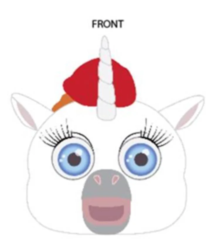 Front-view drawing of the unicorn's head: round white face, blue eyes with lashes, grey muzzle with open pink mouth, red mane and horn