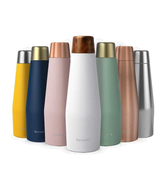 Seven insulated steel bottles in a row, each a different colourway