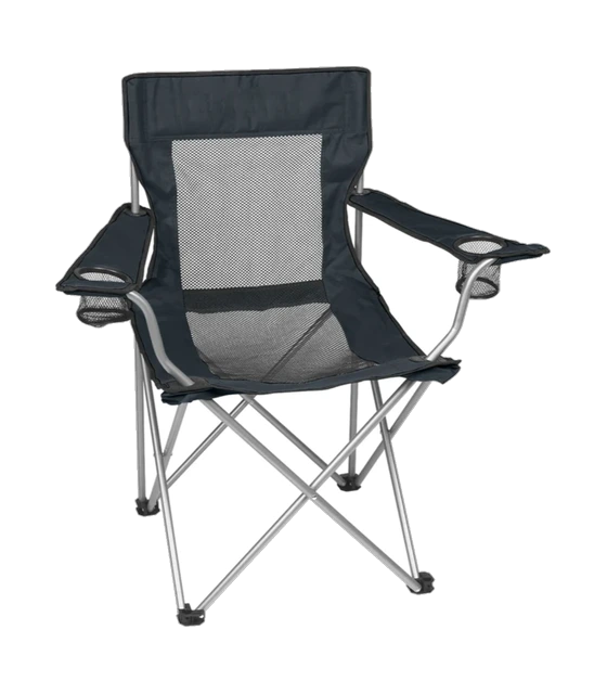 A folding camp chair with mesh back, a real sample from our hard-goods lines