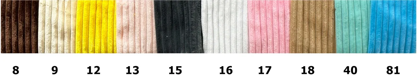 Corduroy plush stock colours, numbered