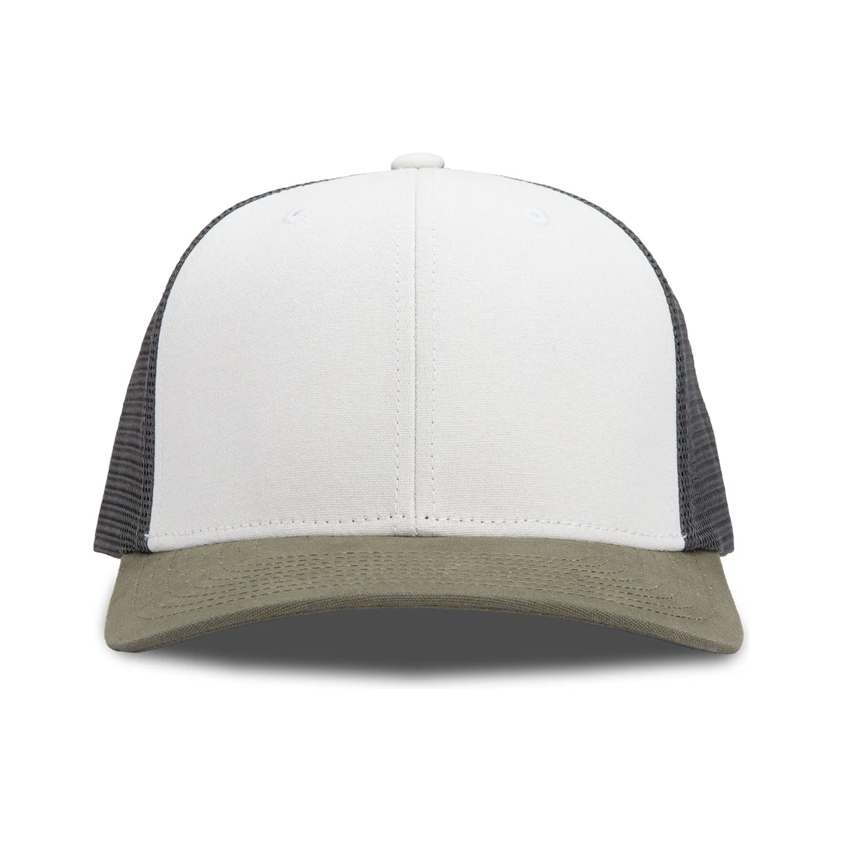 Our own six-panel trucker, organic cotton and recycled mesh — photographed off our line, not theirs.