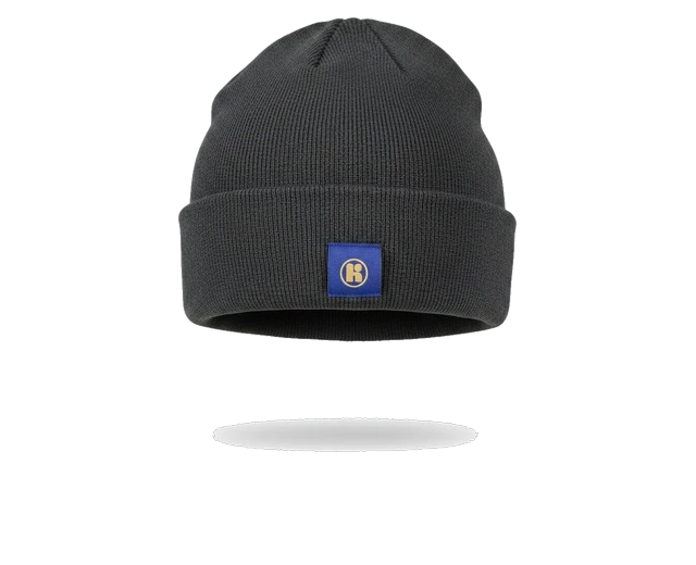 Knit beanie, woven label or embroidery.
